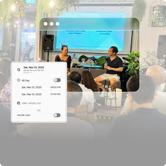 Event scheduling interface for a Key.ai community event, overlaid on a live panel discussion with two speakers and an attentive audience.